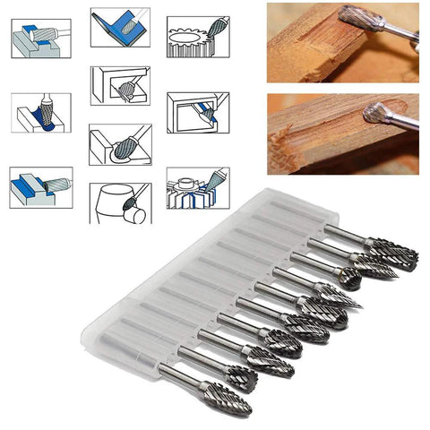 Front view of a 10-piece carbide rotary burr set with 1/8" shanks and 1/4" head length in a plastic case.