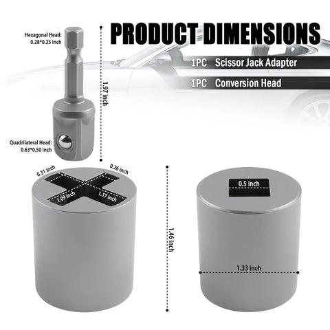 Heavy Duty Universal Scissor Jack Drill Adapter Kit Fast Car Lift Converter dimensions showing hexagonal and quadrilateral heads.