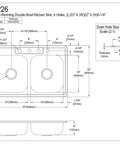 Technical diagram of 33 Inch Self-Rimming Double Bowl Kitchen Sink In Brushed 304 Grade Stainless Steel, 22 Gauge, with dimensions
