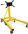 Heavy Duty Two Thousand Pound Engine Hoist Stand Roller Crane For Cars Trucks And Motor Swaps Built Tough As Nails With Reinforced Arms view with yellow steel frame and swivel head