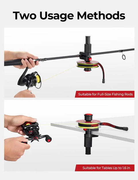 Must Have Fishing Line Spooler for Reels No Line Twist with Tension Band Stepless Adjustment shown on rod and table