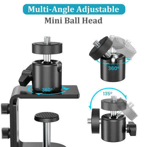 C Clamp Mount With 360 Degree Ball Head And 1/4-20 UNC Screw Adapter For Cameras And Solar Panels, universal mini ball head and clamp