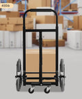 Beefy 400lbs Foldable Hand Truck Dolly, Steel Heavy Duty Folding Cart for Moving Furniture and Boxes, Three Wheel Design For Flat Ground Or Stairs, Spray Coated Black Finish, Durable, Portable Cargo Helper. Front view with box and 400lb label