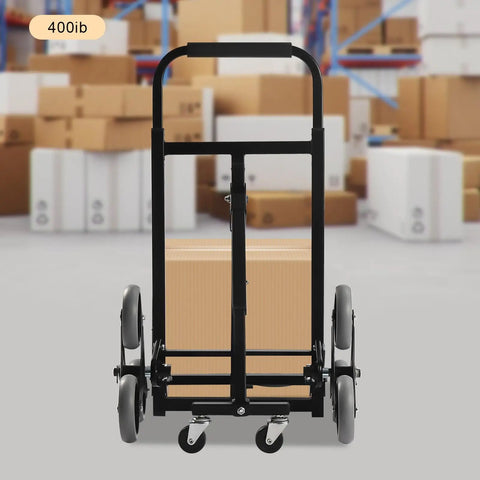 Beefy 400lbs Foldable Hand Truck Dolly, Steel Heavy Duty Folding Cart for Moving Furniture and Boxes, Three Wheel Design For Flat Ground Or Stairs, Spray Coated Black Finish, Durable, Portable Cargo Helper. Front view with box and 400lb label