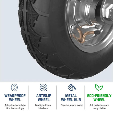Close-up of a heavy duty 8 inch gate wheel for wooden or metal gates with pneumatic tire, showing metal hub and tire tread.