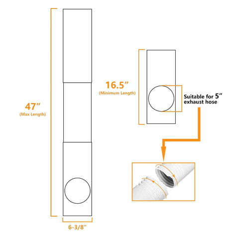 Diagram of Portable Air Conditioner Window Seal Kit 5 Inch Universal Vent For Exhaust Hose, adjustable from 16.5 to 47 inches.