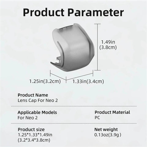 Drone Lens Cover Set For DJI NEO 2, 2 Pack Gimbal Protector Caps with size dimensions and material details.