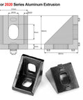 32Pcs Black Corner Brackets For 2020 Aluminum Extrusion, shown in black zinc alloy, detailed dimensions, for CNC and 3D projects