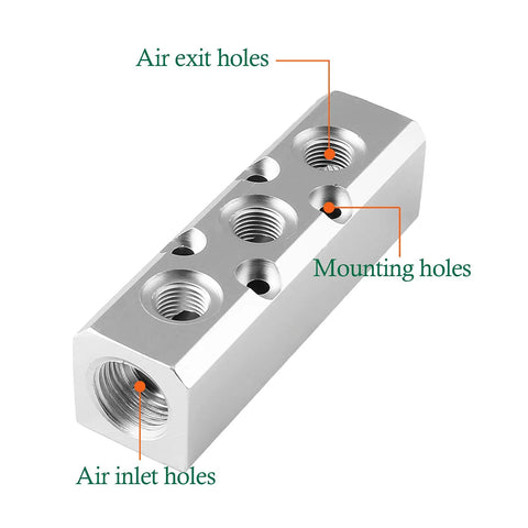 Rock Solid Aluminum 3 Way Pneumatic Manifold Air Distribution Block With No Fuss Quick Connect Fittings Dual Inlets Triple Outlets For Precision Compressed Air Systems showing air inlet, exit, and mounting holes.