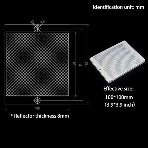 Diagram of Large 100 By 100 mm Plastic Reflector For Photoelectric Sensors, showing dimensions and reflective surface details.