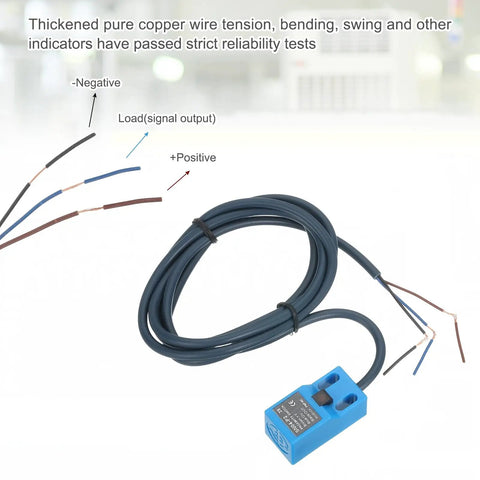 Inductive Proximity Sensor With 4mm Sensing Range, DC 6-36V, 3-Wire PNP NC, blue rugged housing, connected wires on white background