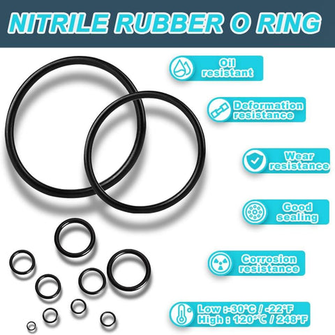 400 Piece Buna N O Ring Seal Kit For Hydraulic Flat Face Fittings ORS ORFS Nine Sizes From One Quarter Inch To Two Inches With 70A Buna N Material Built To Last For Cylinders Pumps And Hydraulic Systems, showing various sizes of NBR O-rings on a display.