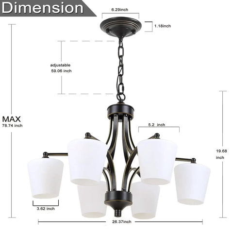 Dimensions of Six Light Large Chandelier With Alabaster Glass Shades In Oil Rubbed Bronze Finish, Adjustable mounting height
