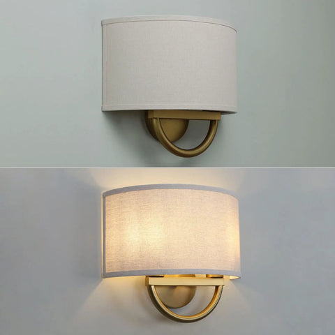 Linen Boho Aged Brass Wall Sconce With Two Light Indoor Vanity Lamp Dope Vintage Metal Base And Semicircle Shade lit and unlit