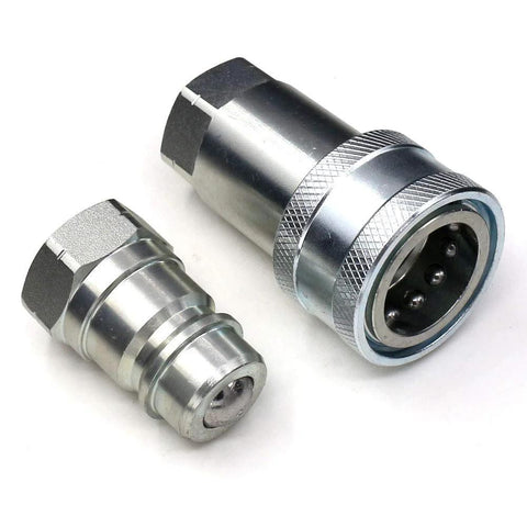 Two-piece CEKER Pioneer-style hydraulic quick-connect couplers, 1/4 NPT, carbon steel.