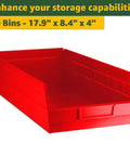 Heavy Duty 18 By 36 By 74 Inch Metal Wire Utility Rack With 20 Red Polypropylene Bins For Garage Workshop Organization. Red polypropylene bin 17.9" x 8.4" x 4".