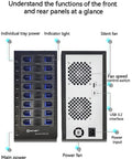 Hella Fast 8 Bay Tool Free Hot Swap Drive Enclosure With Smart Cooling Fan showing front and rear panels functions and controls.