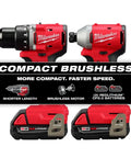 M18 Trade Compact Brushless Two Tool Combo Kit With Drill Driver And Impact Driver Includes Two RedLithium Batteries And Multi Voltage Charger For Pro Grade Power On The Go, showing a drill driver, impact driver, and batteries front view