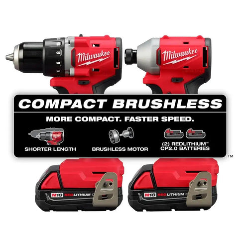 M18 Trade Compact Brushless Two Tool Combo Kit With Drill Driver And Impact Driver Includes Two RedLithium Batteries And Multi Voltage Charger For Pro Grade Power On The Go, showing a drill driver, impact driver, and batteries front view