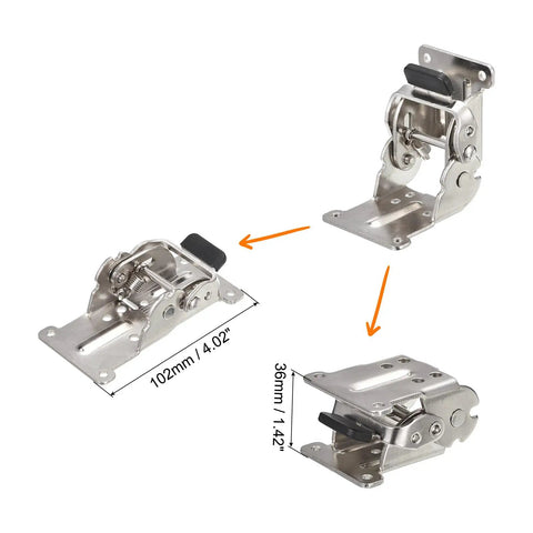 Image of Heavy Duty Table Leg Folding Brackets 2 Pack Adjustable 0 90 180 Degree Self Locking Hinges with dimensions 102mm and 36mm.