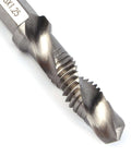 Close-up of HSS M8×1.25 drill-tap bit with threaded shaft and cutting edges.