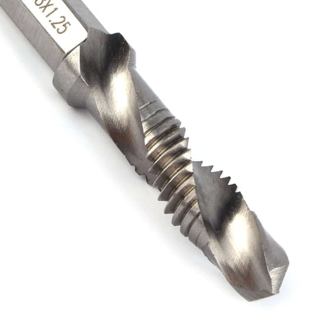 Close-up of HSS M8×1.25 drill-tap bit with threaded shaft and cutting edges.
