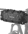12L Waterproof Bike Handlebar Bag Front With Roll Top Closure mounted on handlebars, showing straps and durable material.