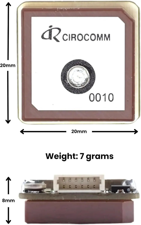 Top and side view of GPS Compass Module With Upgraded 10th Gen Chip for FPV Fixed Wing Drones, dimensions 20x20x8mm, weight 7 grams.