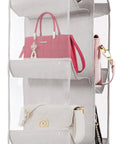 Sturdy Washable Hanging Closet Organizer With Eight Pockets Rocks, displaying multiple purses in clear polyester fiber pockets.