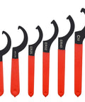 Six Piece Coilover Spanner Wrench Set For Shock Adjustment With C Shape Hook Wrenches Non Slip Rubber Handle Includes APU13 APU16 ER25 ER32 ER40 And C32 Sizes For Easy Car Suspension Tuning, displayed in a row