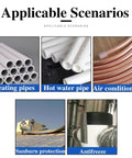 Various applications for insulated foam pipe wrap, including heating, hot water, air conditioning, sunburn protection, and antifreeze.