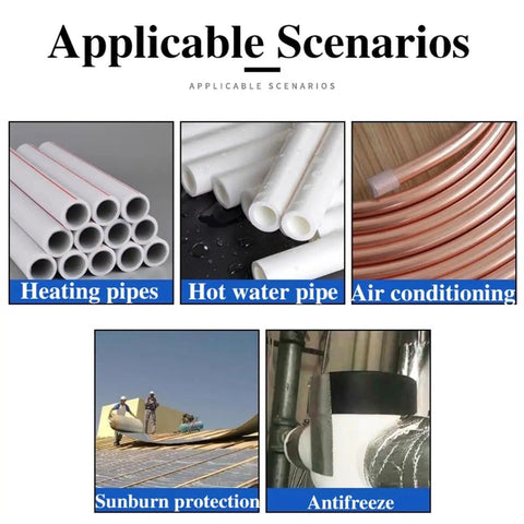 Various applications for insulated foam pipe wrap, including heating, hot water, air conditioning, sunburn protection, and antifreeze.