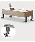 Kick Heavy Moves To The Curb 4 Pack Swivel Caster Wheels and Adjustable Furniture Feet on a wooden coffee table for smooth sliding.