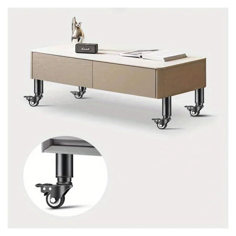 Kick Heavy Moves To The Curb 4 Pack Swivel Caster Wheels and Adjustable Furniture Feet on a wooden coffee table for smooth sliding.