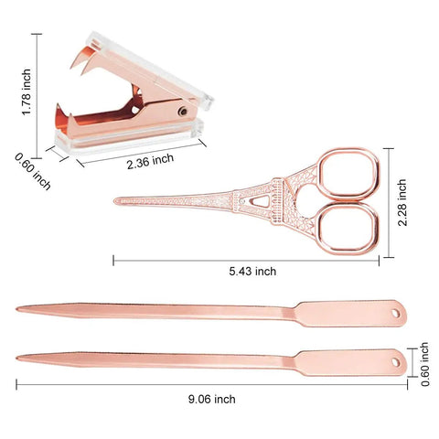 Rose Gold Desk Accessories Set With Scissors Staple Remover And Two Letter Openers For Home Office Vibe Luxury Rose Gold Office Supplies And Desk Decor Functional And Glam, dimensions shown