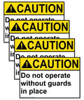 Caution Do Not Operate Without Guards In Place ANSI Safety Label Decal 5x3.5 In Vinyl 4 Pack shown in series