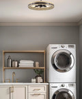 Open Farmhouse Ring Ceiling Light With Distressed Driftwood Wood Finish And Oil Rubbed Bronze Accents in laundry room view