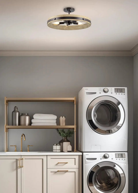 Open Farmhouse Ring Ceiling Light With Distressed Driftwood Wood Finish And Oil Rubbed Bronze Accents in laundry room view