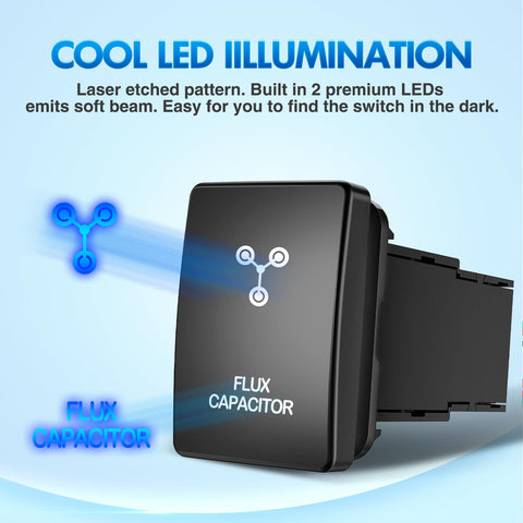 Flux Capacitor Push Button Switch 12V LED SPST With Wire Kit Replacement featuring cool LED glow for Toyota vehicles.
