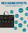 V8max Voice Changer And Podcast Microphone Bundle sound card and sound effects display for recording and gaming gear.