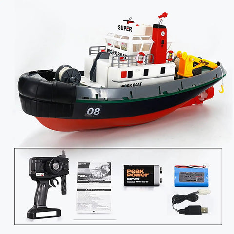 Massive 23.6 Inch Remote Control Fire Boat With Water Sprayer 60cm Electric RC Watercraft, accessories, and controller.