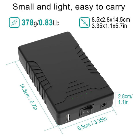 Beefy Dual Output 12V And 5V Portable Li-Ion Battery Pack With 66.6Wh, showing dimensions and weight, lightweight design