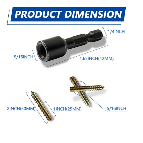 Straight Up Solid 20 Pack Of 5/16-18 X 2 Inch Gold Double Headed Hanger Bolts And Threaded Rod Screws With Driver Bit dimensions and sizes.