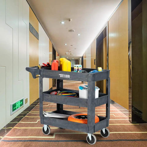 Heavy Duty Plastic Utility Cart With Wheels 550 Lb Capacity Three Tier Rolling Storage Organizer For Garage Warehouse And Industrial Use Built Tough Workhorse On Wheels with tools and supplies in hallway