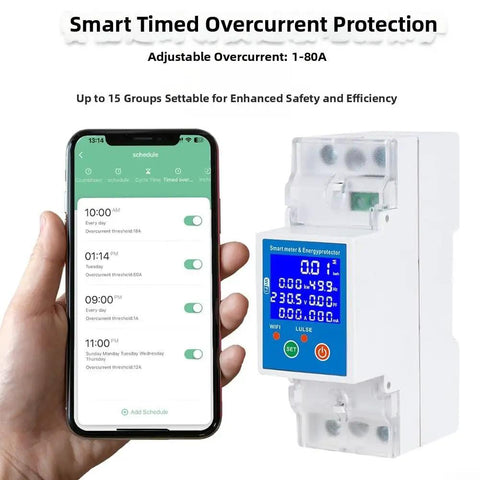 Heavy Duty 80 Amp Smart Circuit Breaker With RS485 Wifi Remote Switch and Built Tough Leakage Protection for No Sweat Energy Tracking on Home Solar Arrays, showing smartphone app for scheduling.