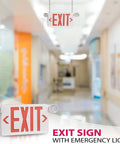 2 Pack Red LED Exit Signs With Emergency Lights, Battery Backup, adjustable heads, ABS fire-resistant housing in bright hallway
