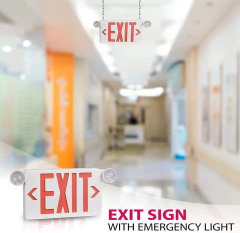 2 Pack Red LED Exit Signs With Emergency Lights, Battery Backup, adjustable heads, ABS fire-resistant housing in bright hallway