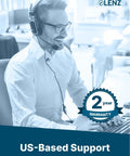 Customer service representative with headset providing US-based support, featuring 2-year warranty badge