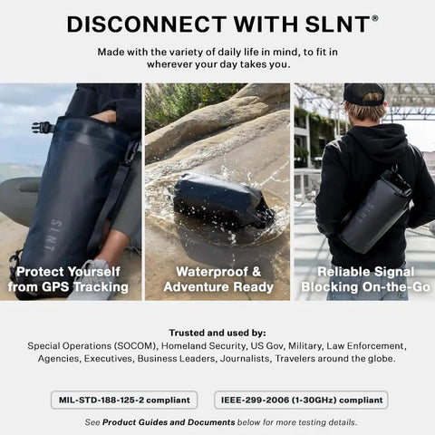Faraday Signal Blocking Dry Bag 5 Liter used outdoors showing durability and waterproof features on rocks and during travel