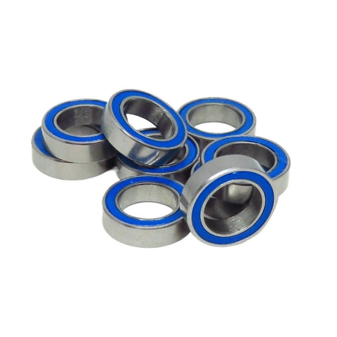 Blue Ball Bearings Set 10 Pack 4x10x4 MR104 2RS High Precision RC Car And Truck Bearings, blue sealed rings in metal casing.